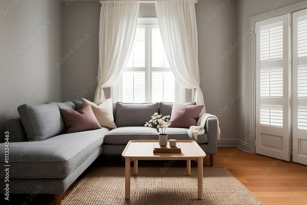 Fototapeta premium Cozy living room with gray sectional sofa, wooden coffee table, neutral decor, and natural light.