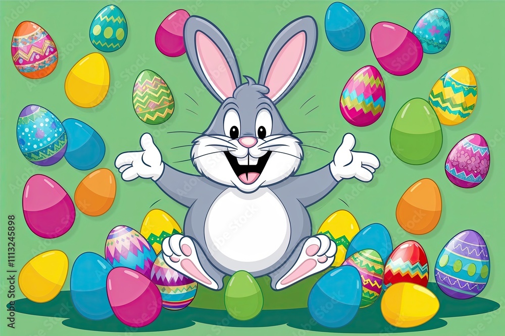 Giddy Easter Bunny Surrounded by Colorful Easter Eggs in a Playful Illustration Giddy Easter Bunny Surrounded by Colorful Easter Eggs in a Playful Illustration