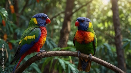 Bird Animation. Rainbow lorikeets joyfully playing in the trees, their lively movements and bright colors creating a vivid scene. Energetic motion. photo