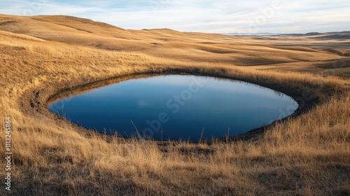 Serene Water Reflection in Circular Pond Surrounded by Prairie Grass