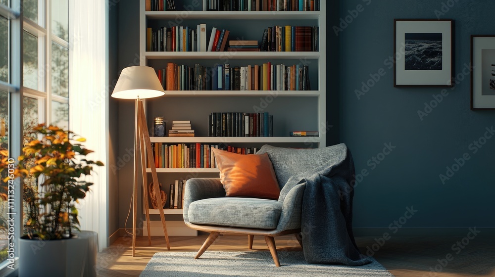 Fototapeta premium Cozy Reading Nook with Modern Chair and Bookshelf in Sunlight