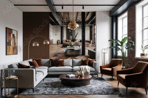 Elegant Mockup Mural in Urban Industrial Living Space with Deep Brown Accents and Modern Decor
