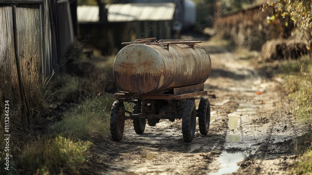 Rustic Water Tank on Wheels in a Countryside Setting Rustic Water Tank on Wheels in a Countryside Setting