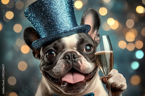 Playful French Bulldog with Blue Top Hat and Champagne Glass in Festive Bokeh Background photo