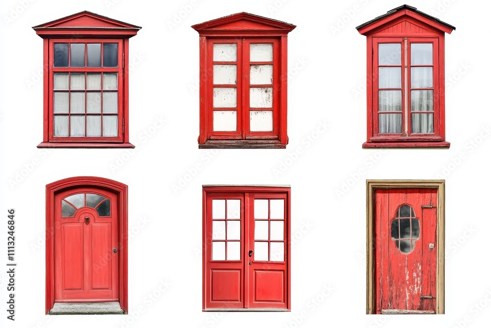 Obraz premium Set of red windows and door isolated in white background