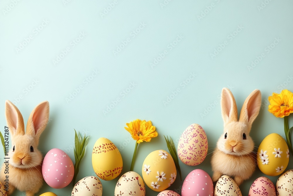 Easter Bunny Ears and Colorful Eggs on Pastel Blue Background Easter Bunny Ears and Colorful Eggs on Pastel Blue Background