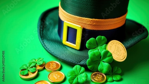 Celebrate St. Patrick's Day with a Lucky Green Hat, Golden Coins, and Shamrocks - Perfect for Irish Themed Parties and Decorations photo