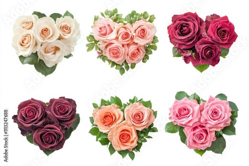 Set of roses flower floral wreath in heart love shape isolated in white background