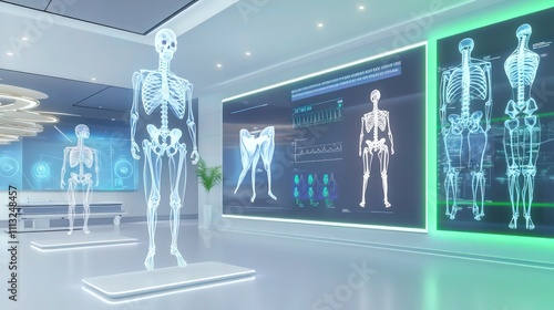 Advanced orthopedic center with floating 3D visualizations of skeletal structures in various healing stages, large digital walls illustrating treatment processes, glowing blue and green accents. photo