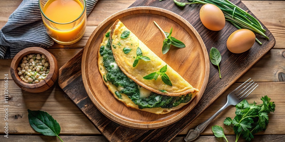 Savory Spinach and Egg Omelet with Fresh Herbs Served on Wooden Plate Savory Spinach and Egg Omelet with Fresh Herbs Served on Wooden Plate