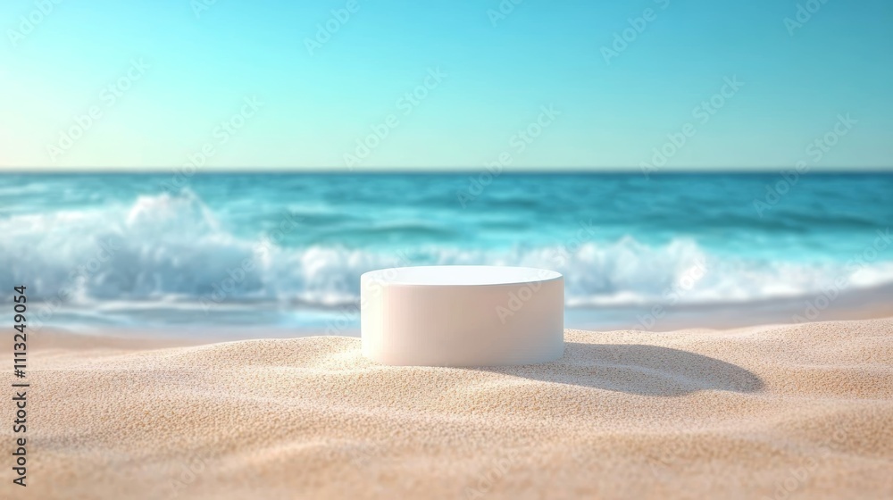Tropical Beach Podium Presentation Mockup for Summer Exhibition on Sandy Shore with Turquoise Sea and Clear Blue Sky Tropical Beach Podium Presentation Mockup for Summer Exhibition on Sandy Shore with Turquoise Sea and Clear Blue Sky