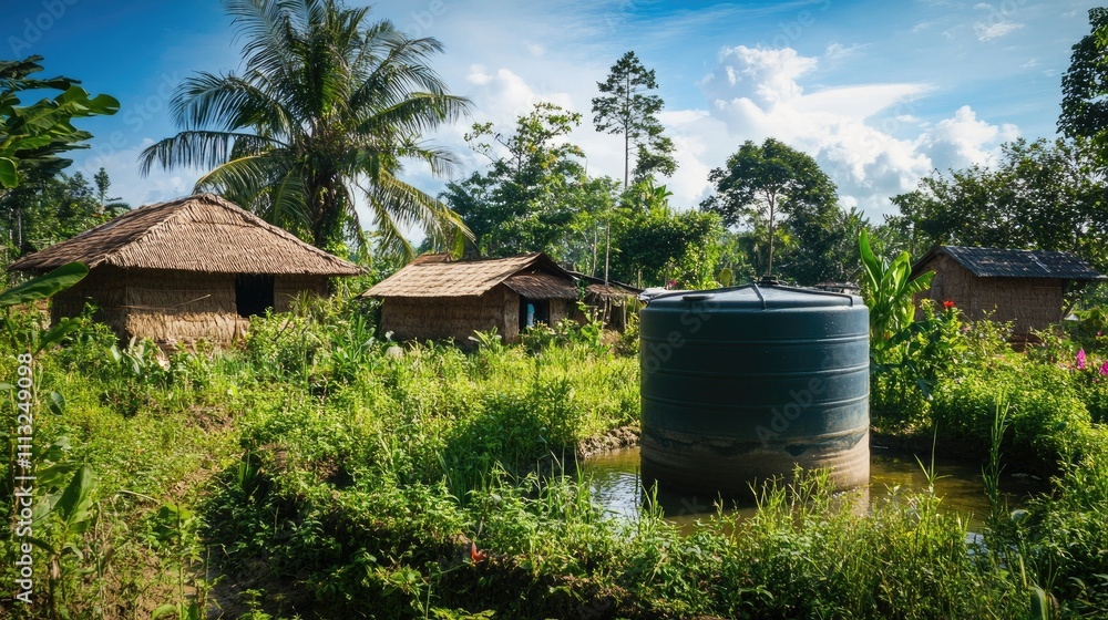 Naklejka premium Rural Village Scene with Water Tank Surrounded by Lush Greenery