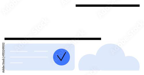 Blue checkmark inside a dotted box, one cloud shape, and three horizontal black lines. Ideal for branding, web design, interface icon, task completion, cloud services, business themes simplistic