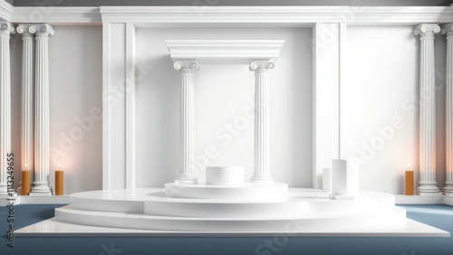 Elegant Classical Architecture White Columns Staircase Stage Set Design for Luxury Events and Theaters