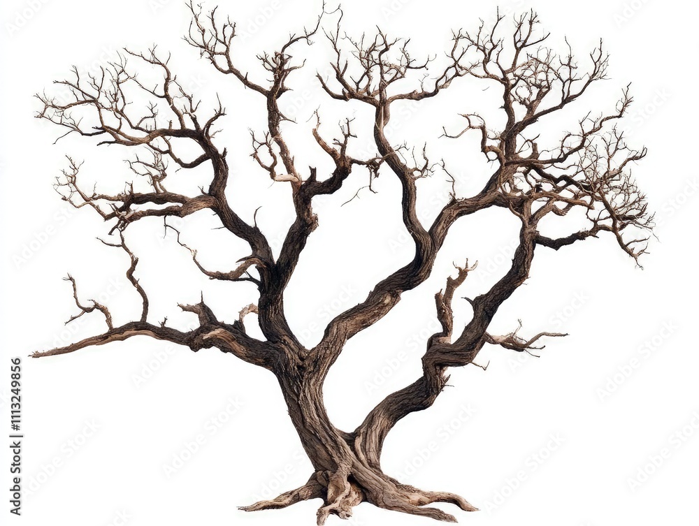 Fototapeta premium Gnarled leafless tree with twisted branches isolated on a clean white background.