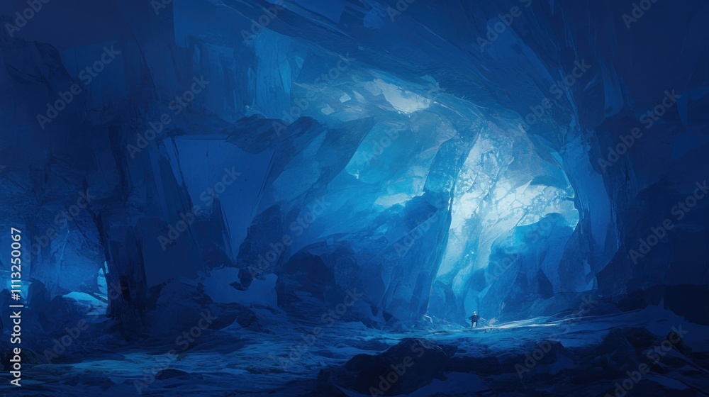 Naklejka premium Glowing blue ice cave interior, mysterious fantasy landscape.