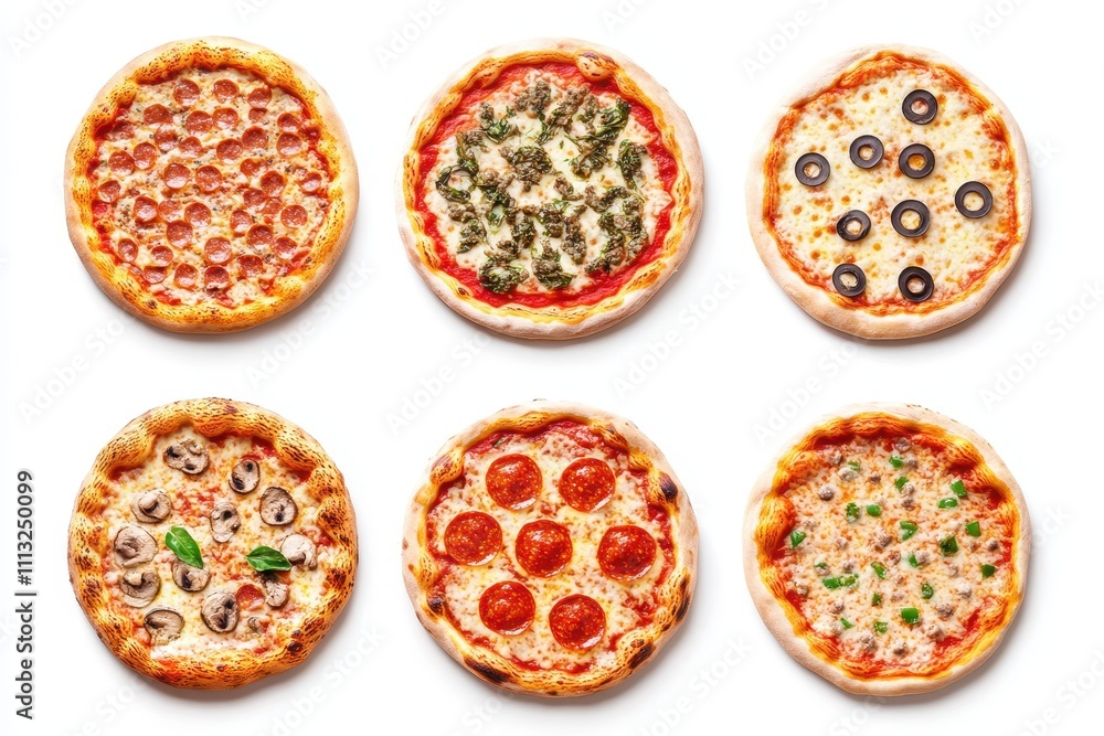 Set of top view of pizza isolated in white background Set of top view of pizza isolated in white background