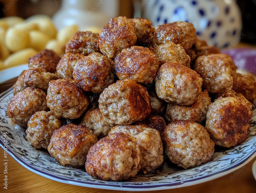 A large plate of golden-brown meatballs piled high, ready for serving at a meal. A large plate of golden-brown meatballs piled high, ready for serving at a meal.