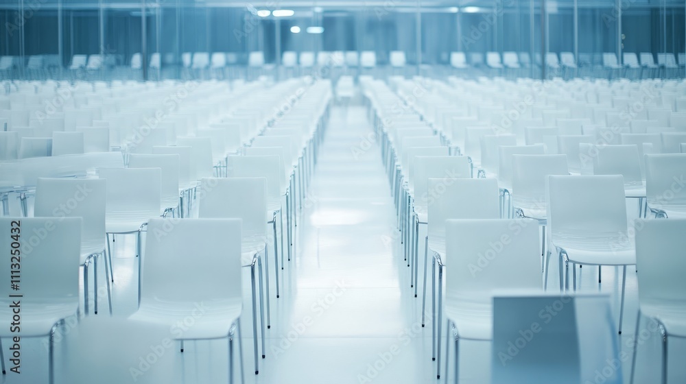 Fototapeta premium Empty airport seats, rows of white chairs in the modern terminal, with two dark-uniformed captains approaching each other, shallow depth of field focused on the chairs, obscurating the background and 