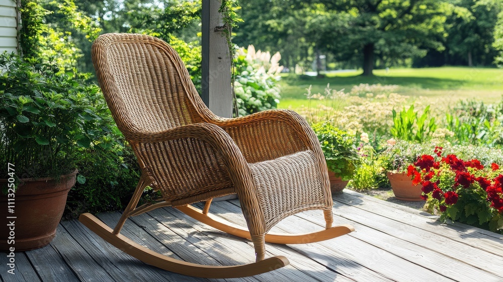Relaxing Wicker Rocking Chair on a Porch Surrounded by Nature