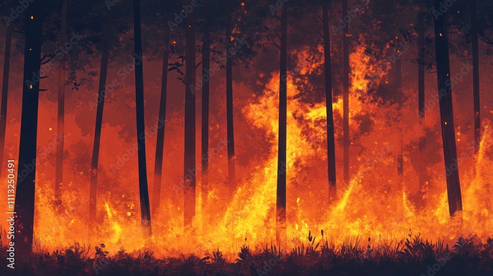 Fiery inferno consuming a dense forest at night, trees engulfed in flames, intense heat and smoke. Fiery inferno consuming a dense forest at night, trees engulfed in flames, intense heat and smoke.