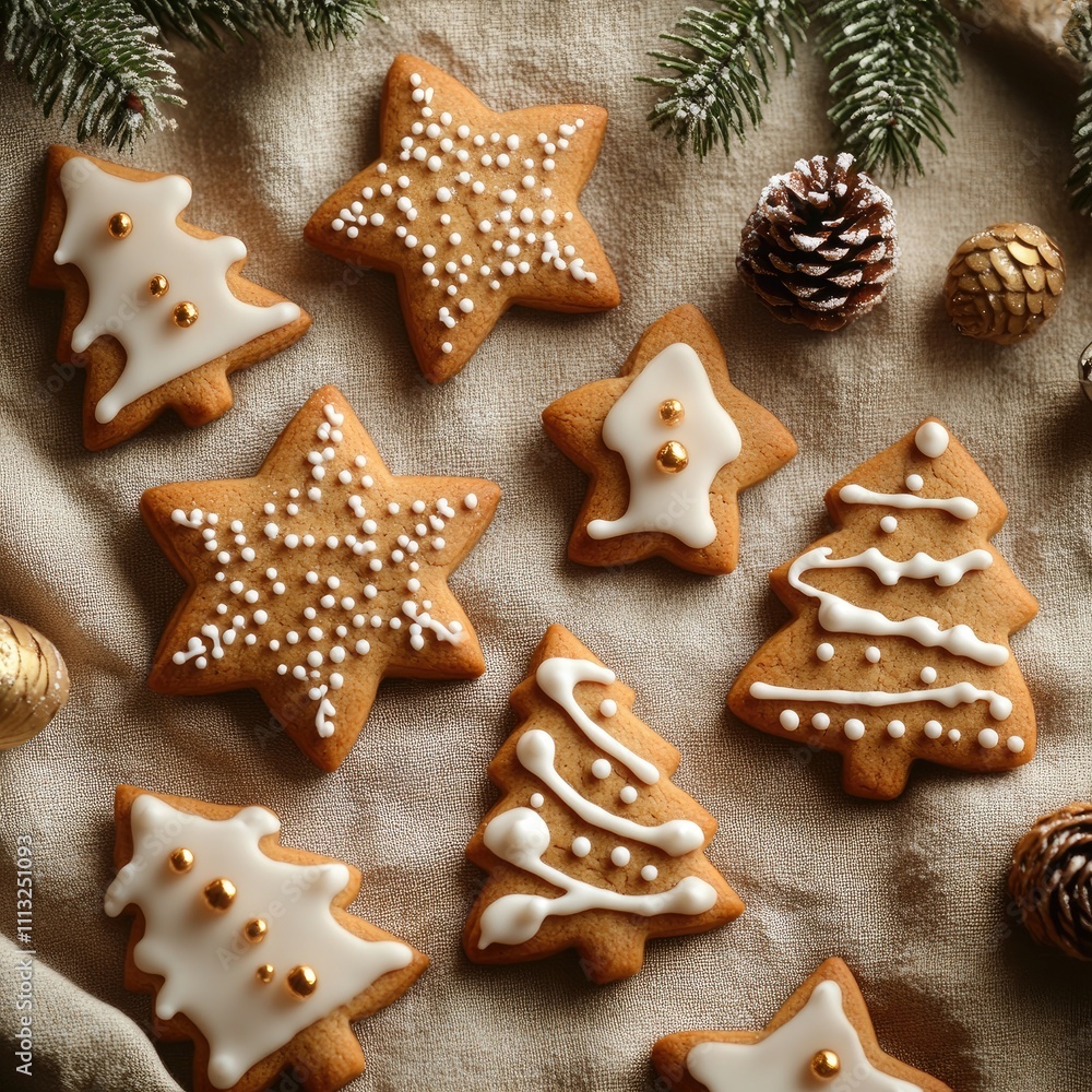 A festive arrangement of decorated gingerbread cookies in various shapes on a soft background. A festive arrangement of decorated gingerbread cookies in various shapes on a soft background.