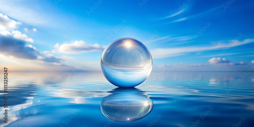 Serene Glass Orb Reflecting a Tranquil Seascape Under a Bright Sky