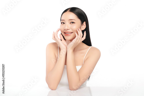 Beautiful young asian woman with clean fresh skin on white background, Face care, Facial treatment, Cosmetology, beauty and spa, Asian women portrait.