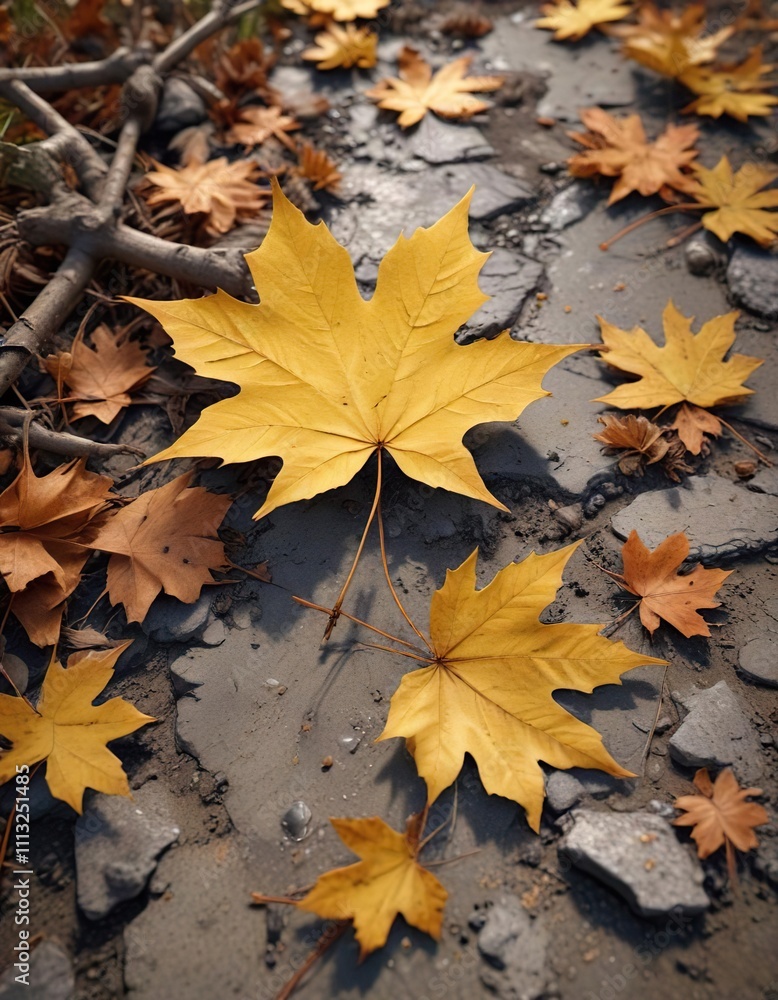 Fallen golden mapple Acer leaf and twig remnants scattered across the ground , autumnal landscape, mapple leaf drop, twig litter Fallen golden mapple Acer leaf and twig remnants scattered across the ground , autumnal landscape, mapple leaf drop, twig litter