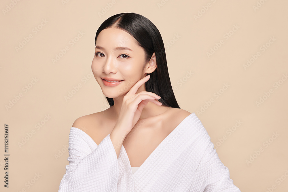 Beautiful young asian woman with clean fresh skin on beige background, Face care, Facial treatment, Cosmetology, beauty and spa, Asian women portrait. Beautiful young asian woman with clean fresh skin on beige background, Face care, Facial treatment, Cosmetology, beauty and spa, Asian women portrait.