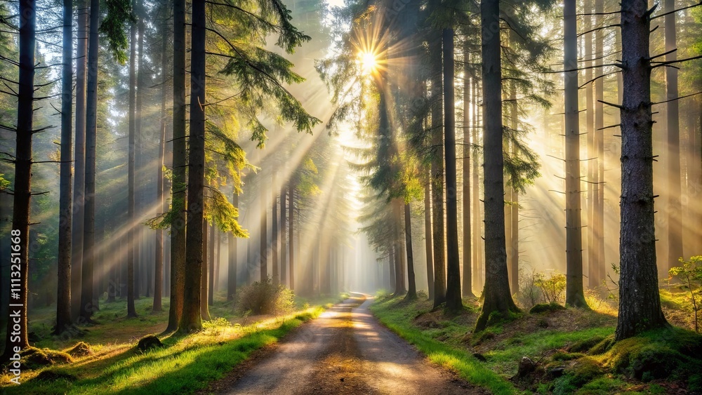 Fototapeta premium Sunbeams Illuminating a Misty Forest Path at Dawn