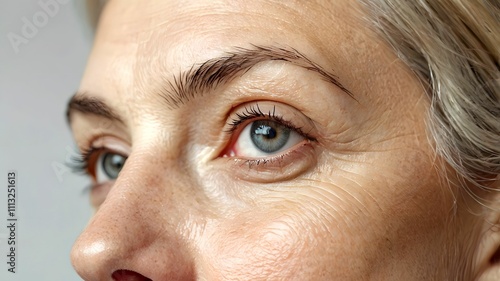 Close up of mature middle-aged older woman face without make-up, eyes and forehead wrinkles fine lines - part of natural aging skin which becomes less elastic and needs anti-aging skin care treatment