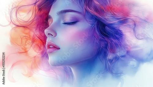 Gentle Watercolor Portrait of a Smiling Woman with Flowing Hair in Pastel Colors