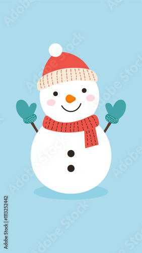 Illustration of a cartoon snowman wearing a hat at Christmas