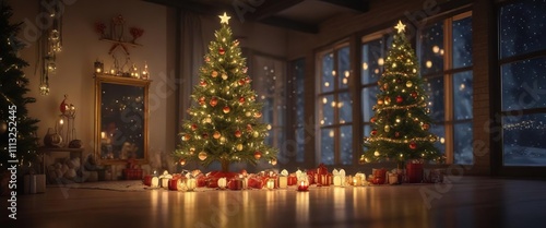 Luminous Christmas tree with glowing ornaments and lanterns , Peaceful Scene, Lanterns