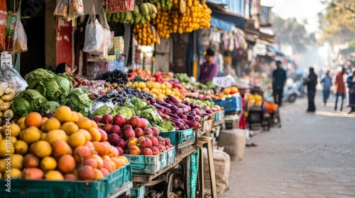 A vibrant street market with colorful stalls selling fresh fruits and vegetables, Street market scene, Lively and bustling style