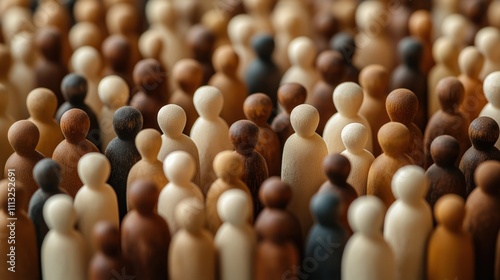 Wooden figures represent diverse people in large group. Image highlights inclusivity. Diversity concept illustrated. Wooden figurines symbolize various ethnicities. Illustration unity, cultural mix.