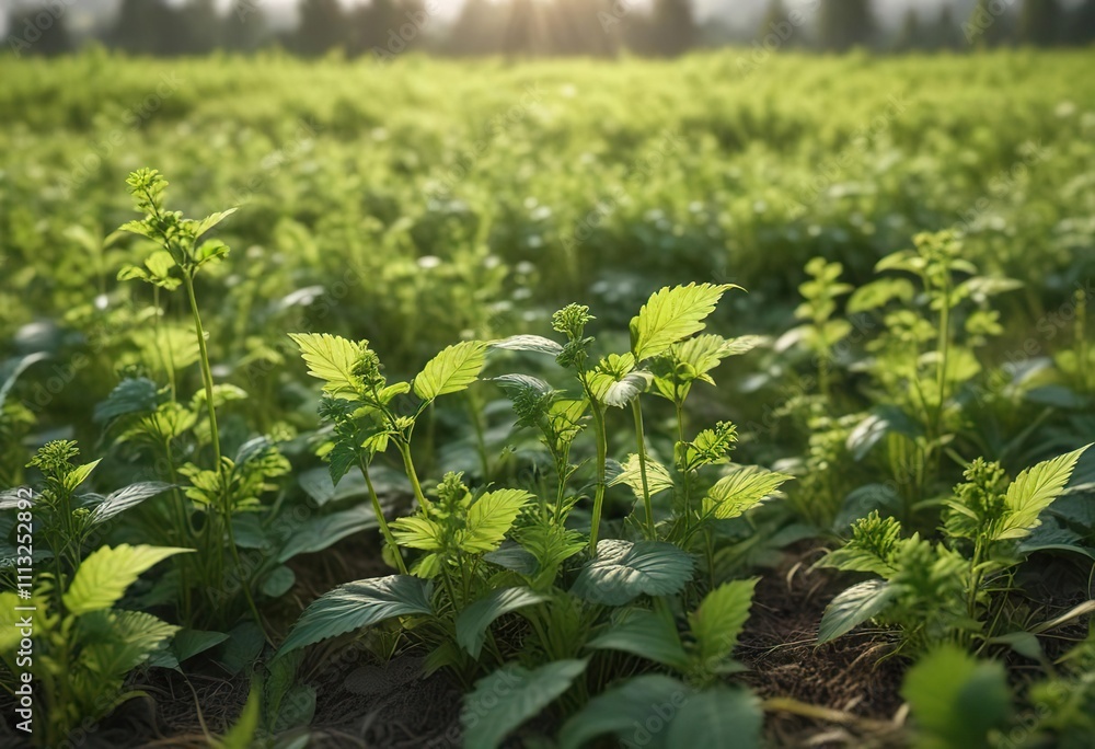 Green nettles with prominent light green sprouting tops growing in a field or meadow, creating a natural and peaceful scene , foliage , landscape Green nettles with prominent light green sprouting tops growing in a field or meadow, creating a natural and peaceful scene , foliage , landscape