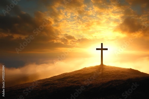 Serene Sunrise Cross on Hill, Symbolizing Faith, Hope, and Eternal Life in Christianity