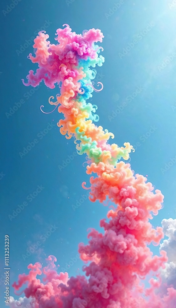 Vibrant smoke trail with a kaleidoscope of colors ascending into the sky, iridescent, ascension Vibrant smoke trail with a kaleidoscope of colors ascending into the sky, iridescent, ascension