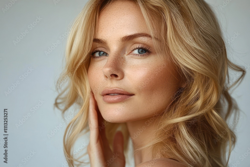 Mature Woman with Gorgeous Wavy Blonde Hair in Natural Light Close Up Portrait with Healthy Skin and Elegant Expression Mature Woman with Gorgeous Wavy Blonde Hair in Natural Light Close Up Portrait with Healthy Skin and Elegant Expression
