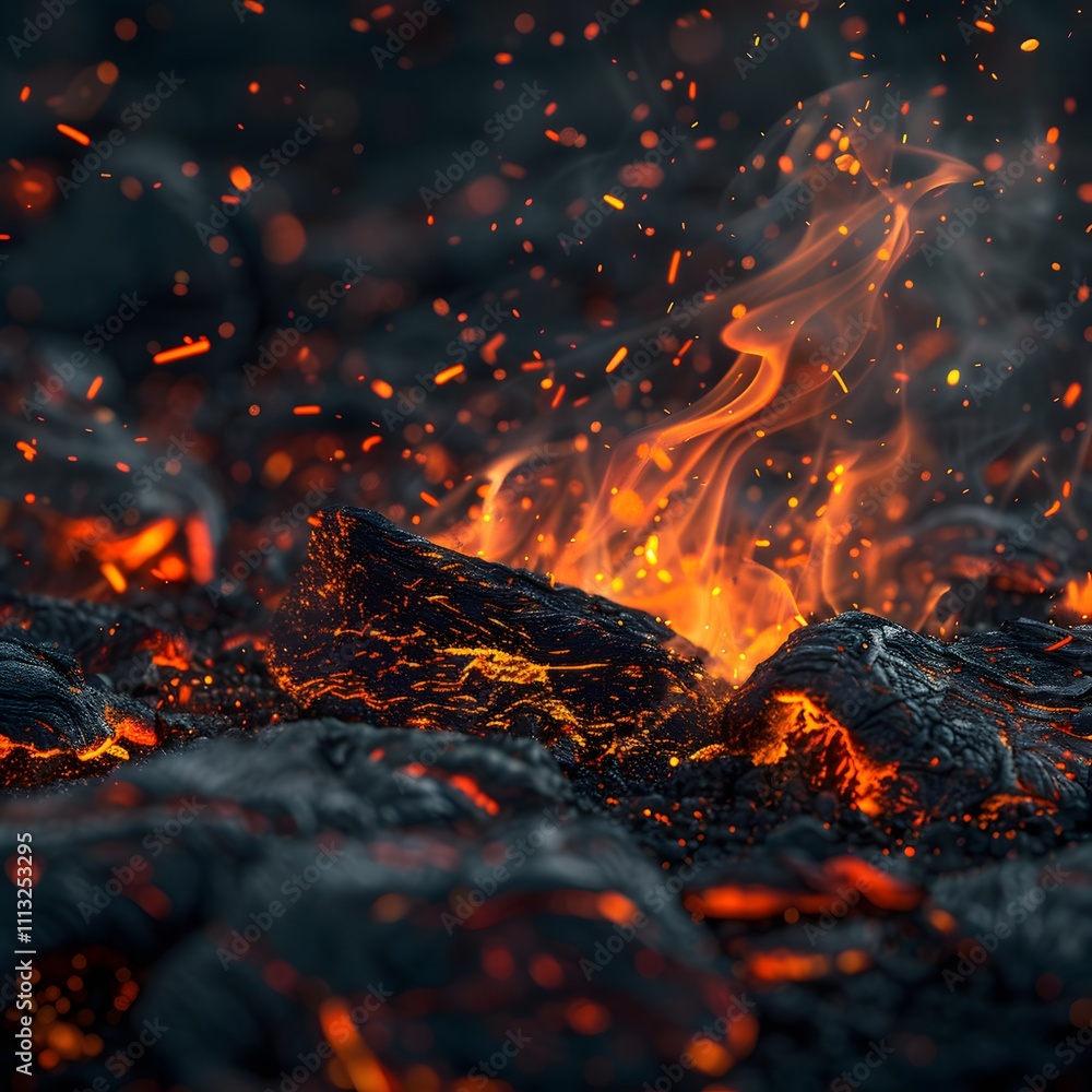 A close-up view of glowing lava and embers, showcasing the intensity of volcanic activity. A close-up view of glowing lava and embers, showcasing the intensity of volcanic activity.
