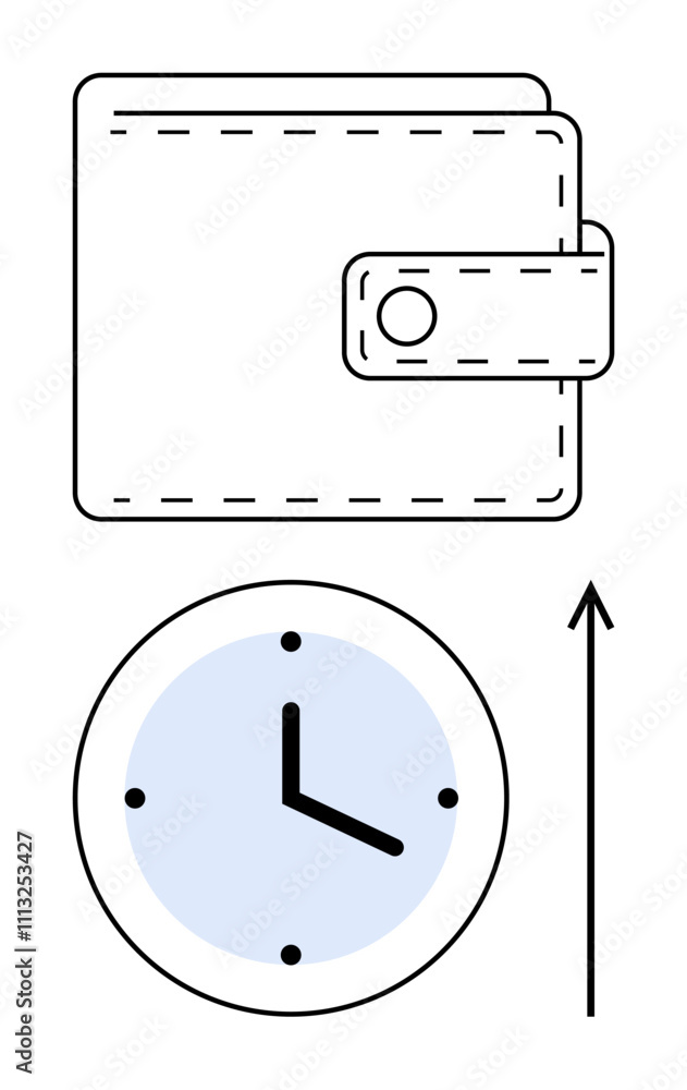 Wallet with clasp above blue clock upward arrow. Ideal for finance, time, management, growth, investment, saving, efficiency themes. Line metaphor Wallet with clasp above blue clock upward arrow. Ideal for finance, time, management, growth, investment, saving, efficiency themes. Line metaphor