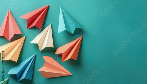 Colorful paper airplanes flying on a turquoise background, representing creativity and innovation, perfect for modern design concept and educational theme