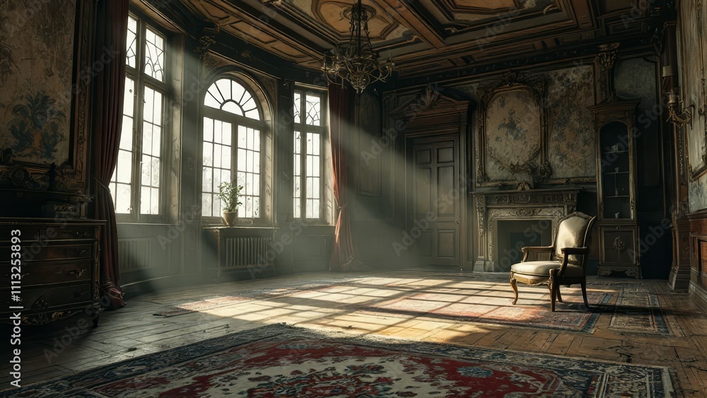 Fototapeta premium Vintage interior, a study in empty elegance, captured in 3D.