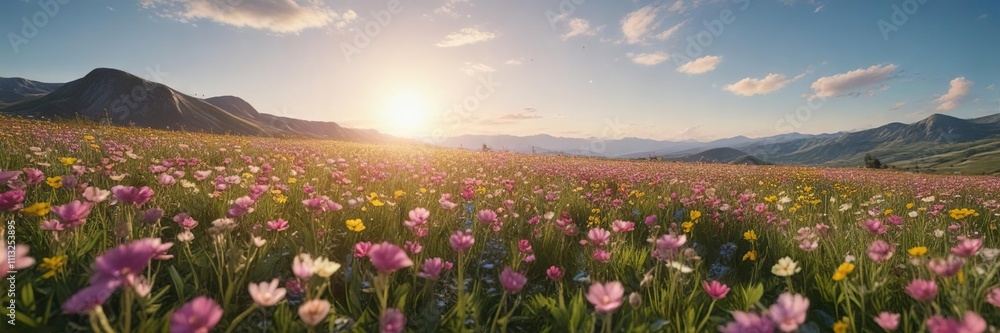 Lush meadow filled with yellow and pink wild flowers stretching towards the blue sky, scenic, ecosystem, blossoms, tranquil Lush meadow filled with yellow and pink wild flowers stretching towards the blue sky, scenic, ecosystem, blossoms, tranquil