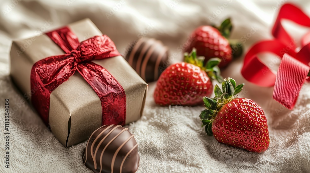 Gift box with red ribbon surrounded by chocolate-covered strawberries on a textured surface Gift box with red ribbon surrounded by chocolate-covered strawberries on a textured surface