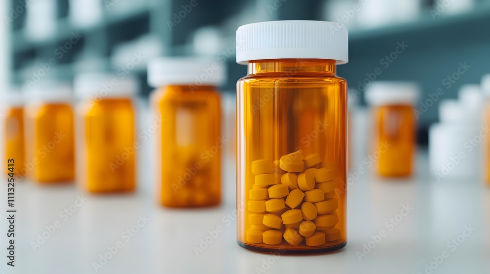 Close up image showcasing various prescription pill bottles and medication containers with warning labels displayed on a hospital pharmacy counter or tabletop surface Close up image showcasing various prescription pill bottles and medication containers with warning labels displayed on a hospital pharmacy counter or tabletop surface