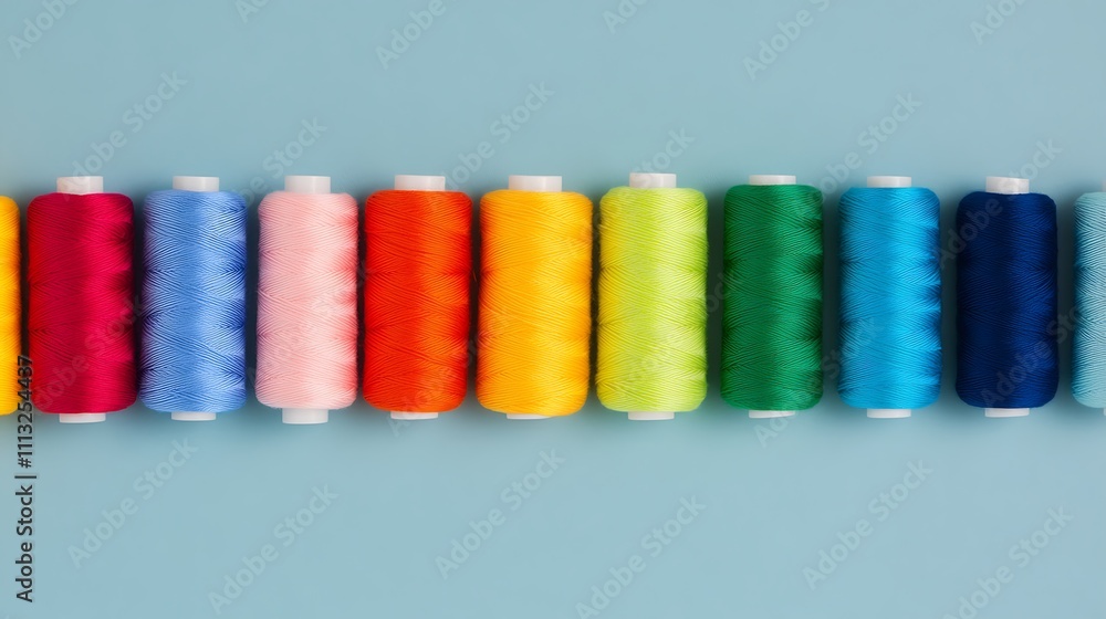 Vibrant Collection of Spools of Thread in a Rainbow of Colors on a Blue Surface Vibrant Collection of Spools of Thread in a Rainbow of Colors on a Blue Surface