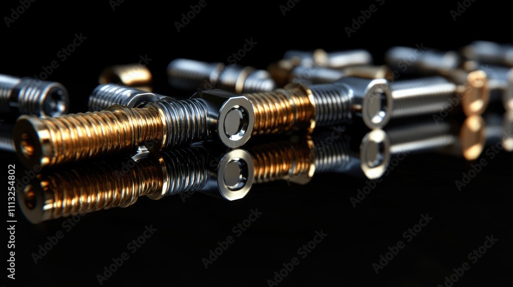 Close-Up of Metallic Screws with Reflection on Black Background Close-Up of Metallic Screws with Reflection on Black Background